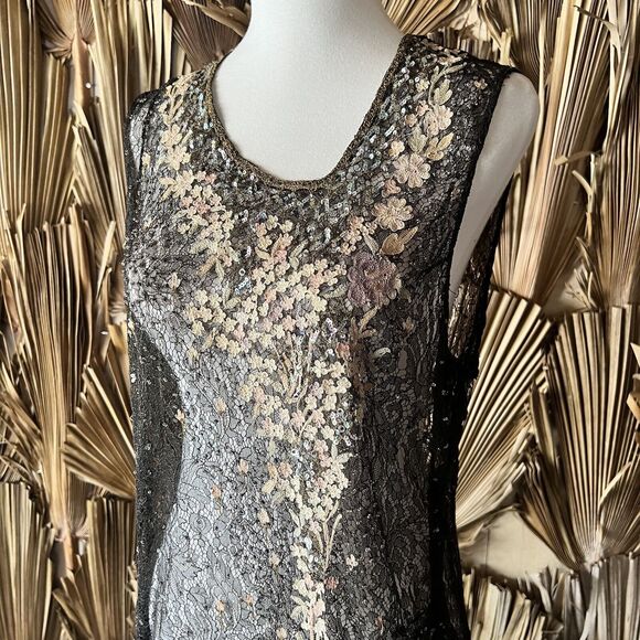 Vintage 1930's Black Chantilly Lace Reworked Mini Dress Sequins & Soutache Small - Picture 1 of 8